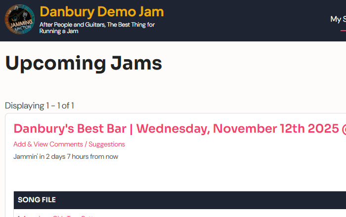 The Upcoming Jams screen in Jamming Junction showing the next jam date and time.