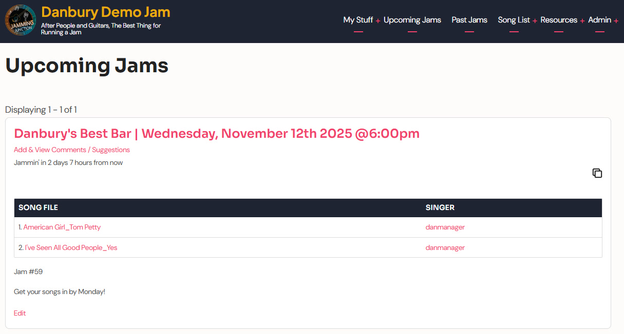 The Upcoming Jams screen in Jamming Junction showing the next jam date and time.