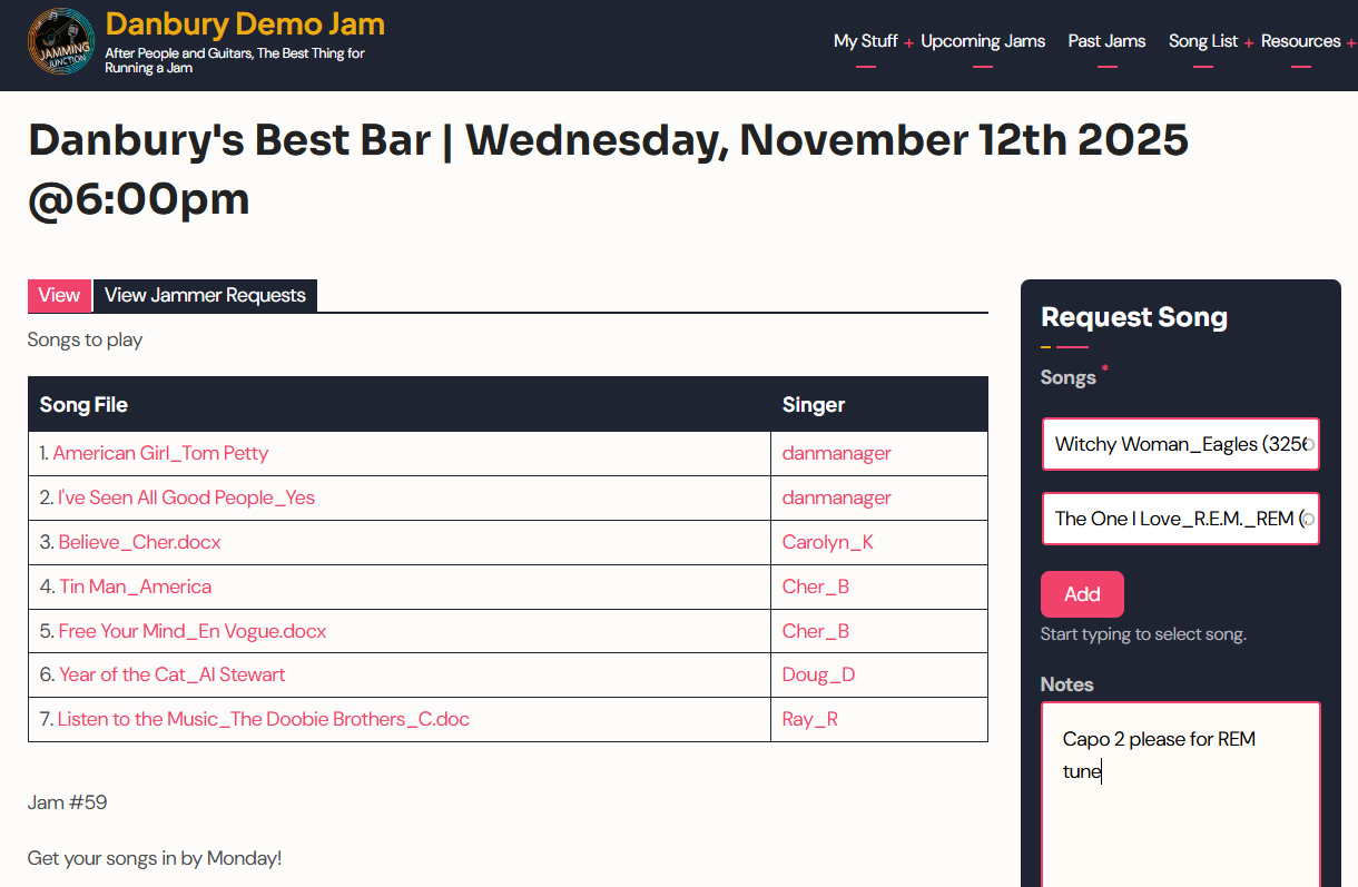 A jam page in Jamming Junction with the song list, singers, and the Request Song panel.
