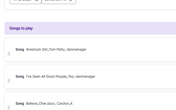 The organizer's setlist screen in Jamming Junction with the songs to play and who is singing.