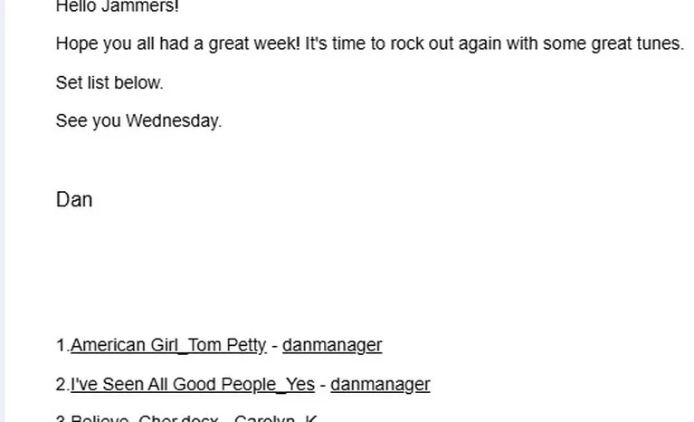 The jam reminder email a jammer receives, with the setlist and the singer beside each song.
