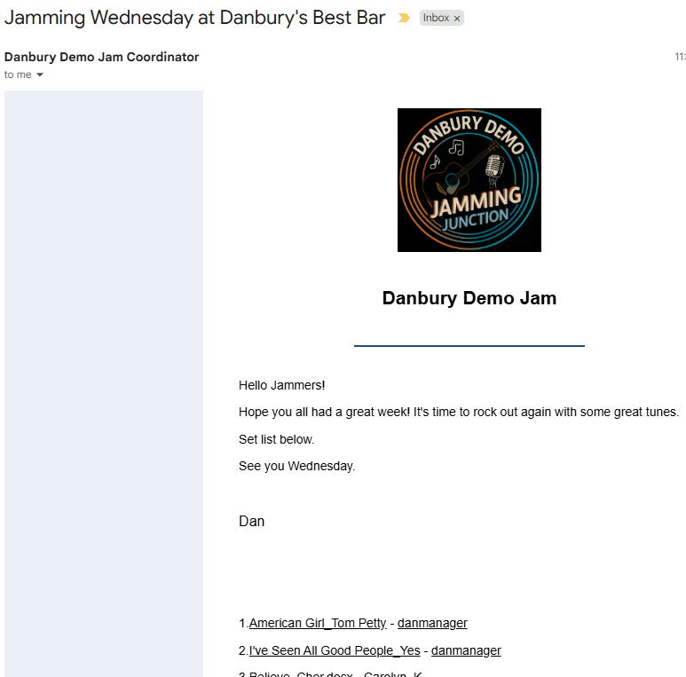 The jam reminder email a jammer receives, with the setlist and assigned singers.